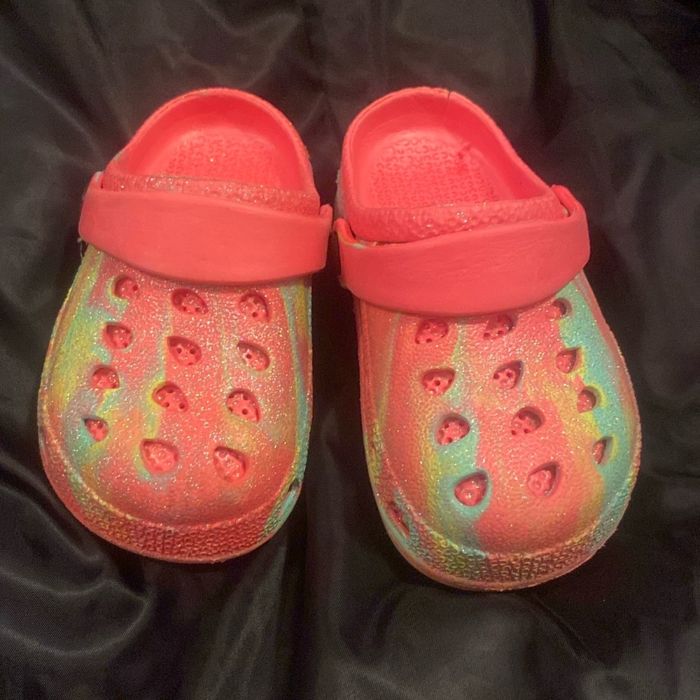 Toddler girls multicolor crocs.